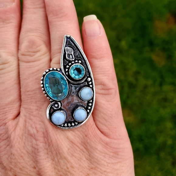 New Blue Topaz & Owyhee Opal Silver Statement Ring. - Picture 3 of 7